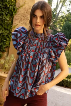 Online Pintuck Ruffle Top- Tulip Red Tops