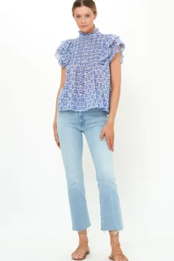 Discount Pintuck Ruffle Top- Veranda Blue Tops