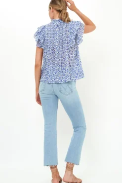 Discount Pintuck Ruffle Top- Veranda Blue Tops