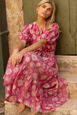 Discount Puff Sleeve Maxi- Presidio Magenta Maxis