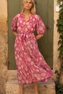 Discount Puff Sleeve Maxi- Presidio Magenta Maxis