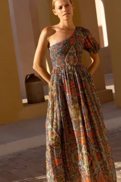 Hot Puff Sleeve One Shoulder Smocked Maxi- Persia Cobalt Maxis|Dresses