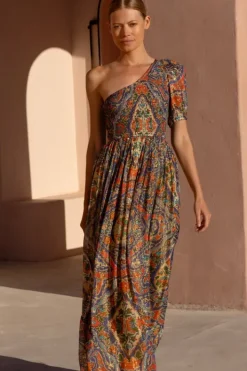 Hot Puff Sleeve One Shoulder Smocked Maxi- Persia Cobalt Maxis|Dresses