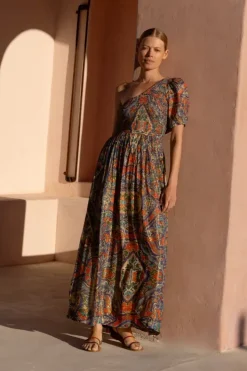 Hot Puff Sleeve One Shoulder Smocked Maxi- Persia Cobalt Maxis|Dresses