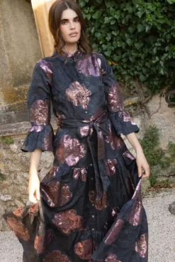 Hot Ruffle Collar Bell Maxi- Rosa Black Maxis