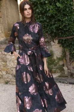 Hot Ruffle Collar Bell Maxi- Rosa Black Maxis
