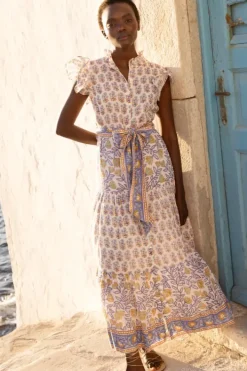 Ruffle Collar Button Maxi- Napa Blue Maxis|Dresses