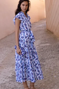 Online Ruffle Collar Button Maxi- Toscana Blue Maxis|Dresses
