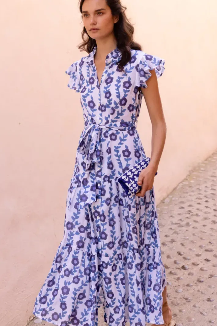 Online Ruffle Collar Button Maxi- Toscana Blue Maxis|Dresses
