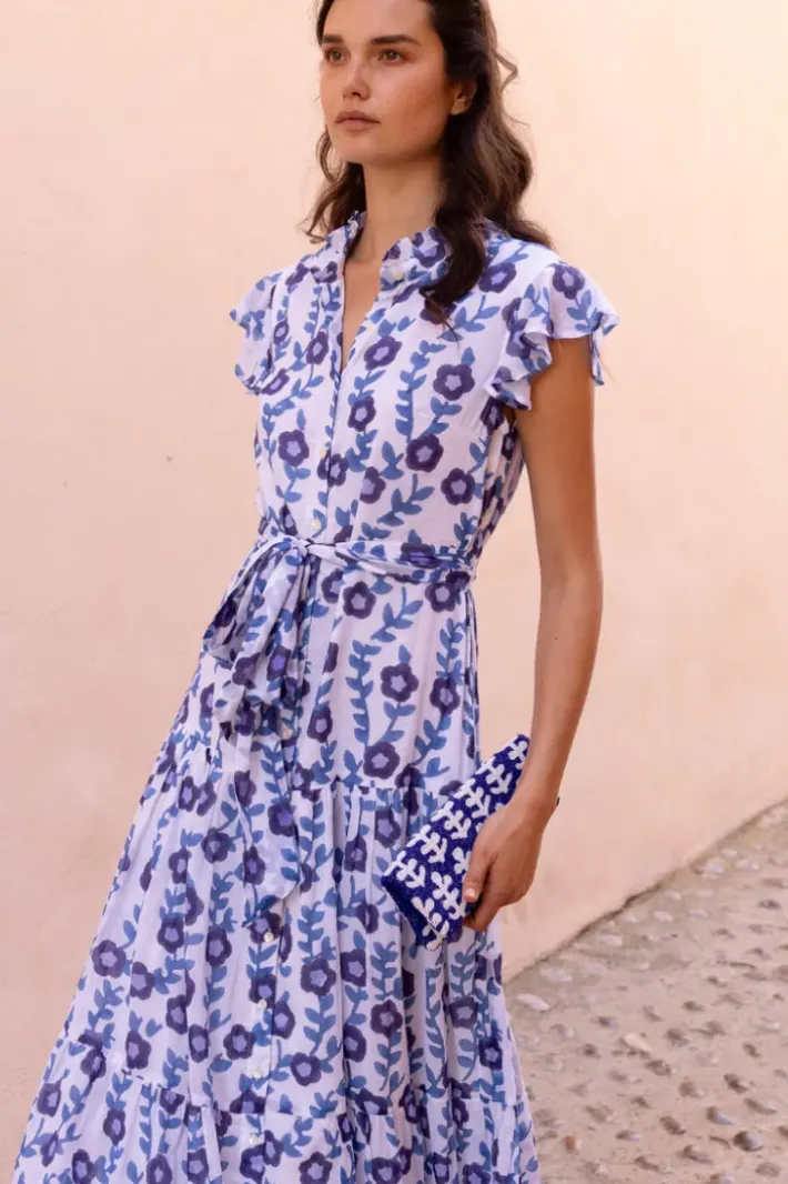 Online Ruffle Collar Button Maxi- Toscana Blue Maxis|Dresses