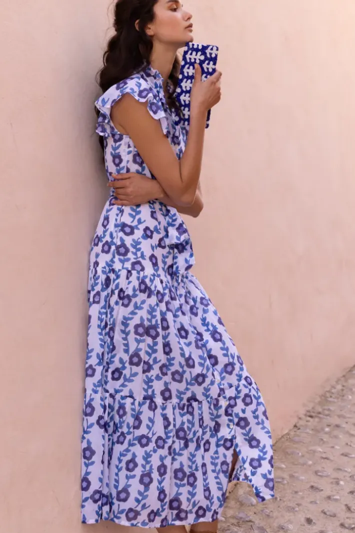 Online Ruffle Collar Button Maxi- Toscana Blue Maxis|Dresses