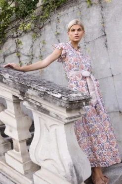 Outlet Ruffle Collar Button Maxi- Montenegro Coral Maxis