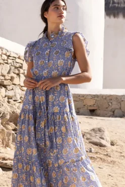 Best Ruffle Collar Button Maxi- Mughal Blue Maxis|Dresses