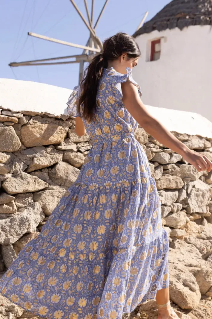Best Ruffle Collar Button Maxi- Mughal Blue Maxis|Dresses