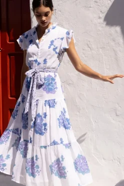 Discount Ruffle Collar Button Maxi- Portofino Blue Maxis|Dresses
