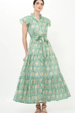 New Ruffle Collar Button Maxi- Mughal Green Maxis|Dresses
