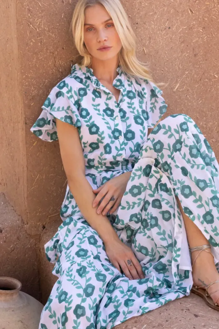 Discount Ruffle Collar Button Maxi- Toscana Green Maxis|Dresses