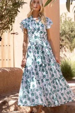 Discount Ruffle Collar Button Maxi- Toscana Green Maxis|Dresses