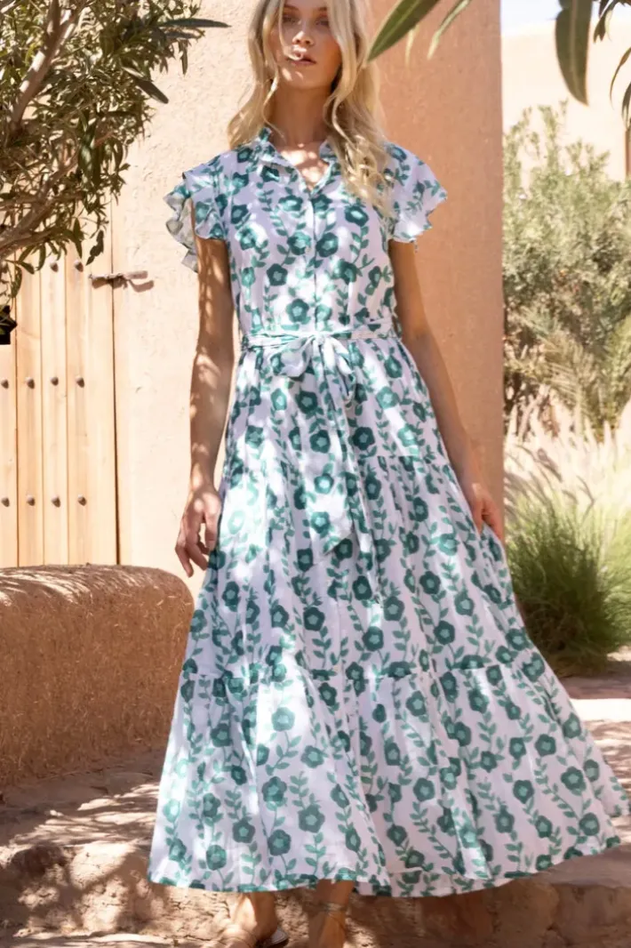 Discount Ruffle Collar Button Maxi- Toscana Green Maxis|Dresses