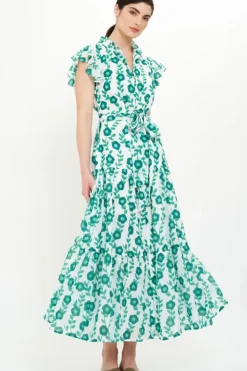 Discount Ruffle Collar Button Maxi- Toscana Green Maxis|Dresses