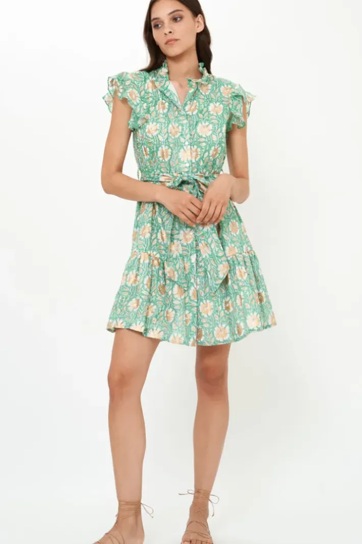 New Ruffle Collar Button Mini- Mughal Green Short & Mini Dresses|Dresses