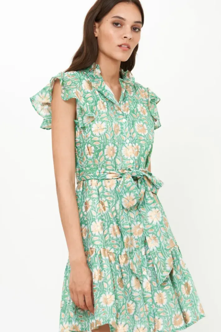 New Ruffle Collar Button Mini- Mughal Green Short & Mini Dresses|Dresses