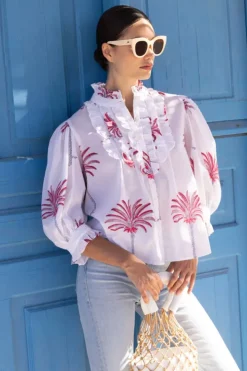 New Ruffle Front Button Blouse- Canary Coral Tops