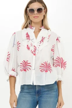 New Ruffle Front Button Blouse- Canary Coral Tops