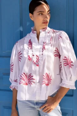 New Ruffle Front Button Blouse- Canary Coral Tops