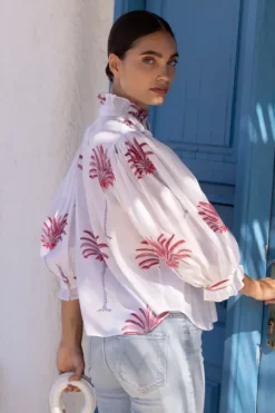New Ruffle Front Button Blouse- Canary Coral Tops