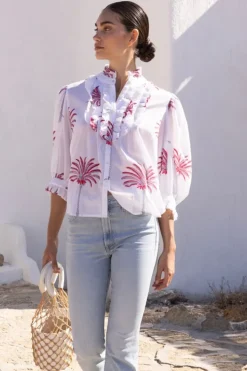 New Ruffle Front Button Blouse- Canary Coral Tops
