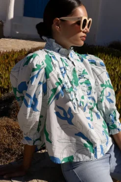 Clearance Ruffle Front Button Blouse- Orchid Green Tops