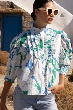 Clearance Ruffle Front Button Blouse- Orchid Green Tops