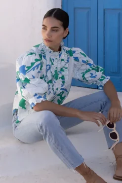 Clearance Ruffle Front Button Blouse- Orchid Green Tops