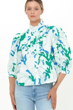 Clearance Ruffle Front Button Blouse- Orchid Green Tops
