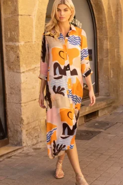 Clearance Shirt Dress Midi- Riviera Orange Midis|Dresses