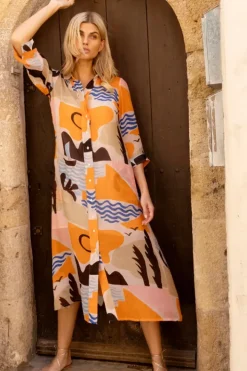 Clearance Shirt Dress Midi- Riviera Orange Midis|Dresses