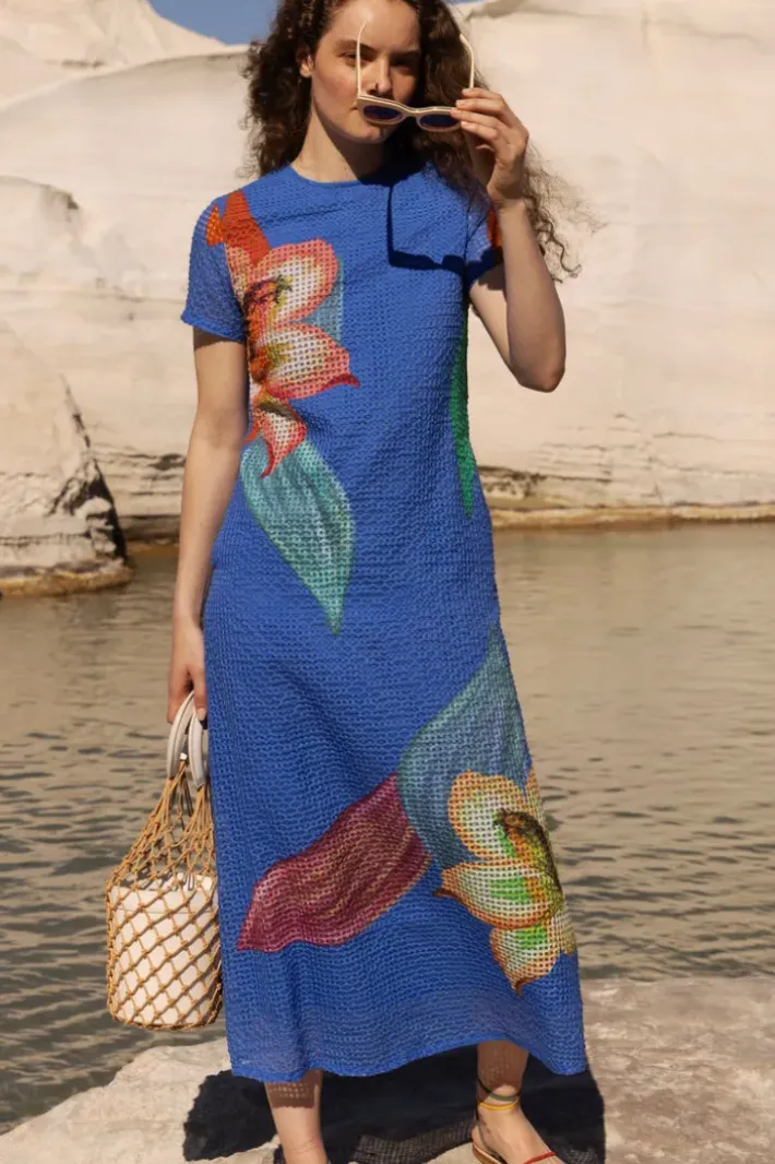 Discount Short Sleeve Shift Maxi- Hibiscus Blue Maxis|Dresses