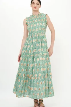 New Sleeveless Smocked Maxi- Mughal Green Maxis|Dresses