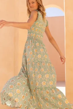 New Sleeveless Smocked Maxi- Mughal Green Maxis|Dresses