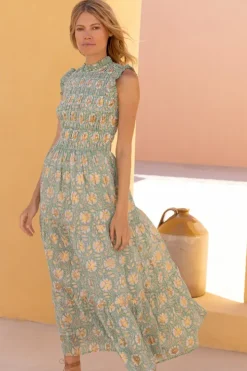 New Sleeveless Smocked Maxi- Mughal Green Maxis|Dresses
