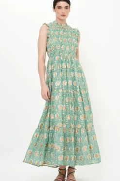 New Sleeveless Smocked Maxi- Mughal Green Maxis|Dresses