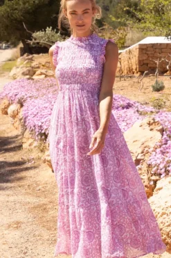 Online Sleeveless Smocked Maxi- Malta Pink Maxis|Dresses