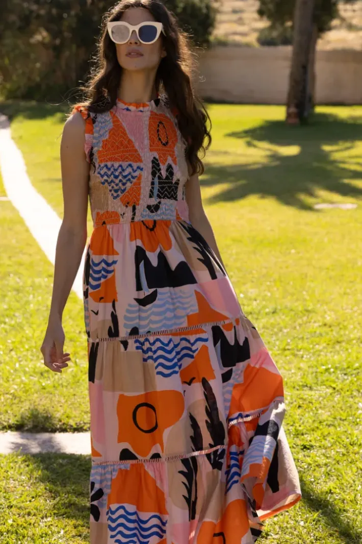 Sale Sleeveless Smocked Maxi- Riviera Orange Maxis|Dresses