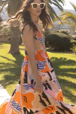 Sale Sleeveless Smocked Maxi- Riviera Orange Maxis|Dresses