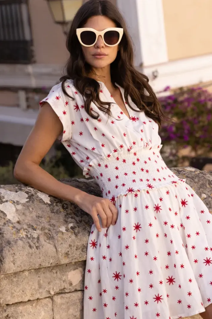 Best Smocked Waist Roll Sleeve- Ellsworth Red Short & Mini Dresses|Dresses