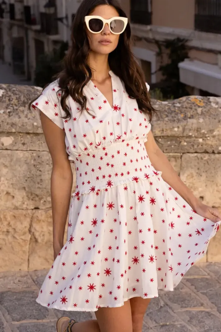 Best Smocked Waist Roll Sleeve- Ellsworth Red Short & Mini Dresses|Dresses