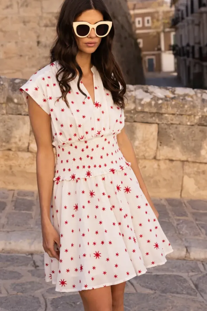 Best Smocked Waist Roll Sleeve- Ellsworth Red Short & Mini Dresses|Dresses