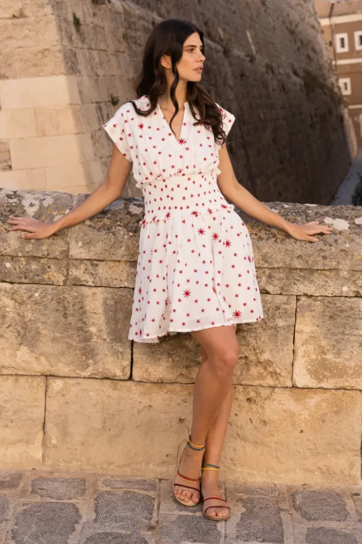 Best Smocked Waist Roll Sleeve- Ellsworth Red Short & Mini Dresses|Dresses