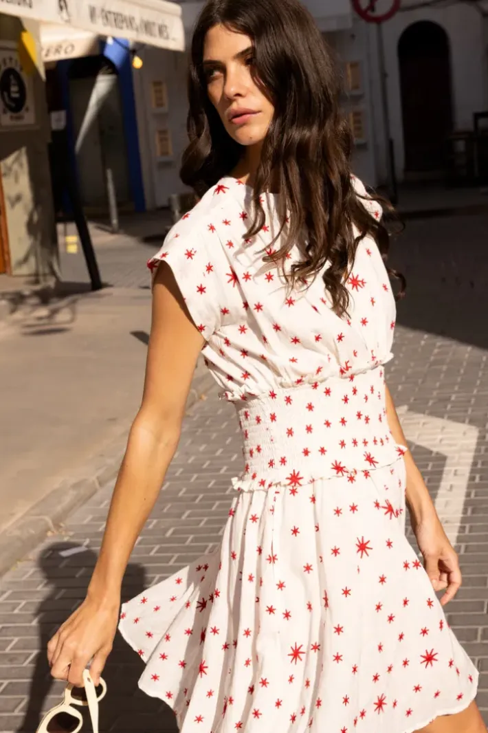 Best Smocked Waist Roll Sleeve- Ellsworth Red Short & Mini Dresses|Dresses